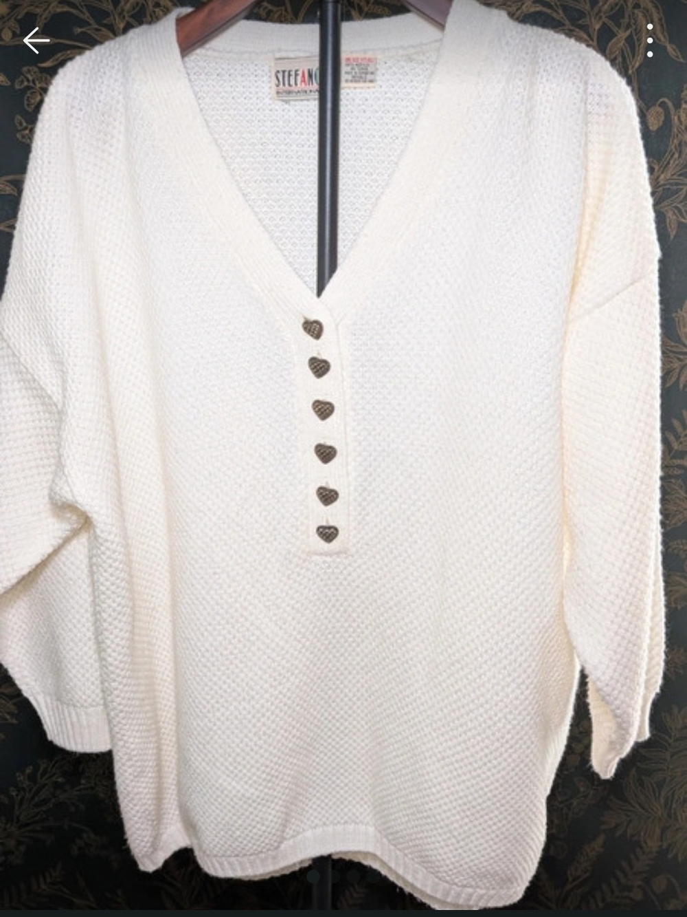 Stefano Cream V-Neck Knit Sweater with Heart Buttons Detail